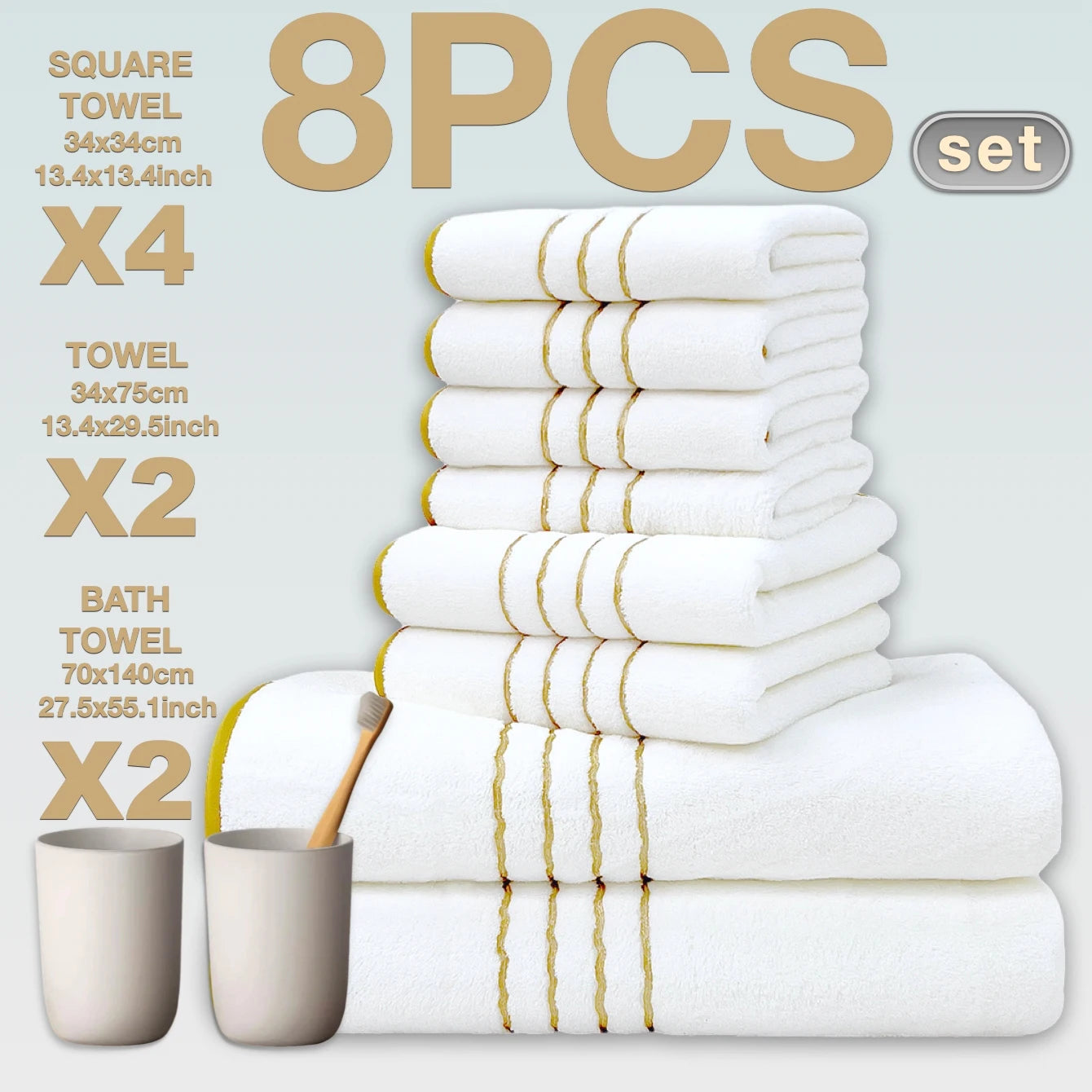 8pcs Luxury Hotel High Quality Cotton Bath Towel Set, Including Soft  Absorbent Quick-Drying Set, Suitable for Bathroom.
