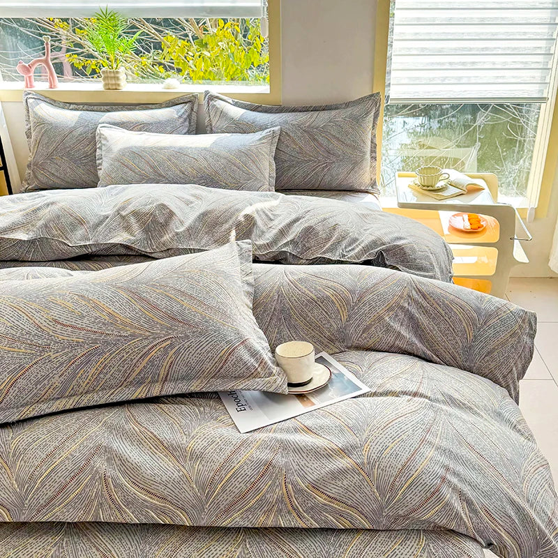 4pcs Grey Leaf Pattern Bedding Set, Soft Breathable Bed Linen with Duvet Cover, Pillowcases & Sheet, Full/Queen/King Size