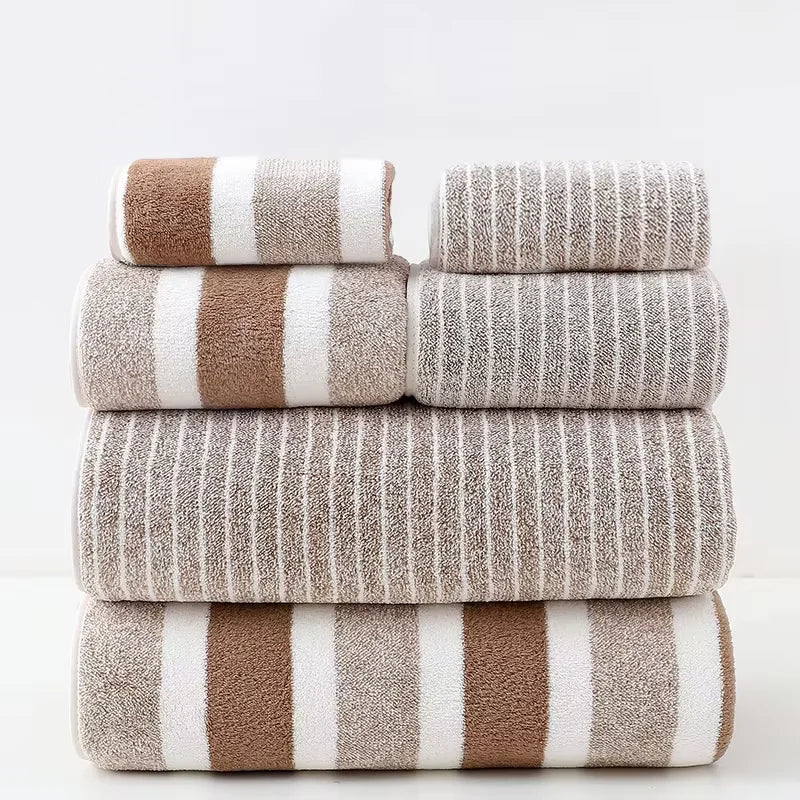 6 Pcs Striped Quick-Dry Absorbent Towel Set - 2 Bath Towels 2 Face Towels 2 Washcloths, Soft Bathroom Linens for Home Hotel, Bul