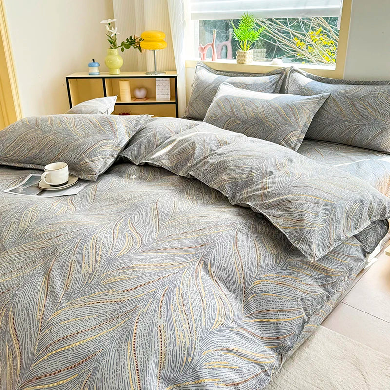4pcs Grey Leaf Pattern Bedding Set, Soft Breathable Bed Linen with Duvet Cover, Pillowcases & Sheet, Full/Queen/King Size
