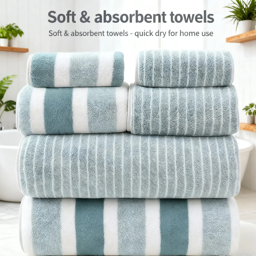 6 Pcs Striped Quick-Dry Absorbent Towel Set - 2 Bath Towels 2 Face Towels 2 Washcloths, Soft Bathroom Linens for Home Hotel, Bul
