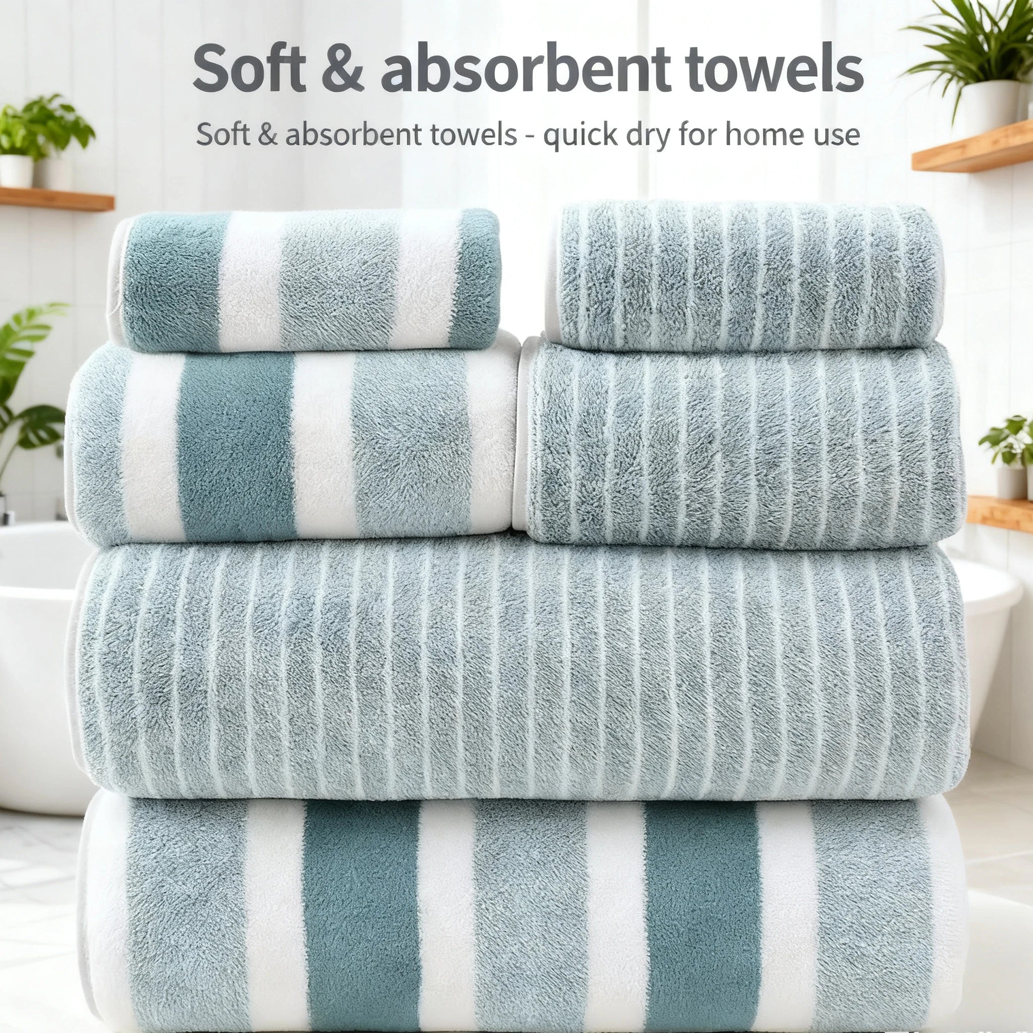 6 Pcs Striped Quick-Dry Absorbent Towel Set - 2 Bath Towels 2 Face Towels 2 Washcloths, Soft Bathroom Linens for Home Hotel, Bul