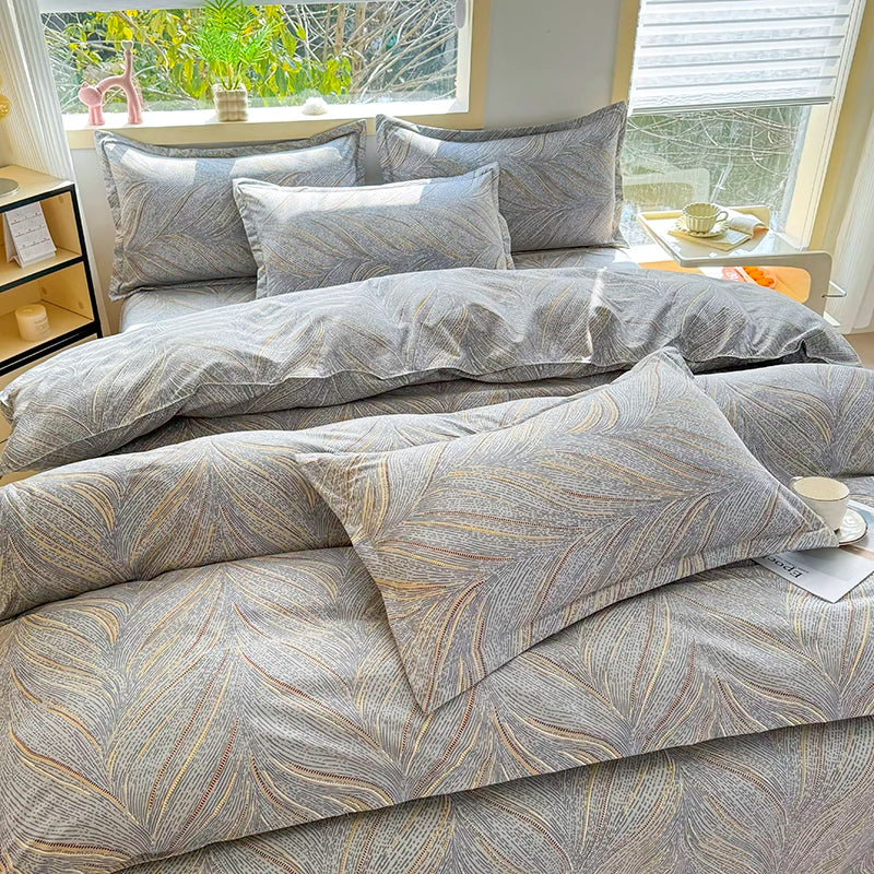 4pcs Grey Leaf Pattern Bedding Set, Soft Breathable Bed Linen with Duvet Cover, Pillowcases & Sheet, Full/Queen/King Size