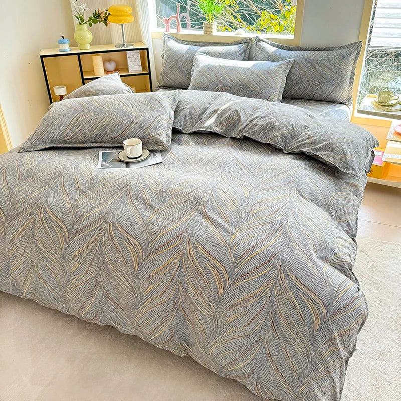 4pcs Grey Leaf Pattern Bedding Set, Soft Breathable Bed Linen with Duvet Cover, Pillowcases & Sheet, Full/Queen/King Size