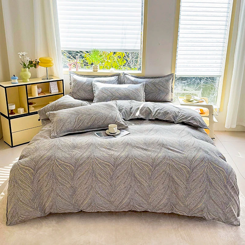 4pcs Grey Leaf Pattern Bedding Set, Soft Breathable Bed Linen with Duvet Cover, Pillowcases & Sheet, Full/Queen/King Size